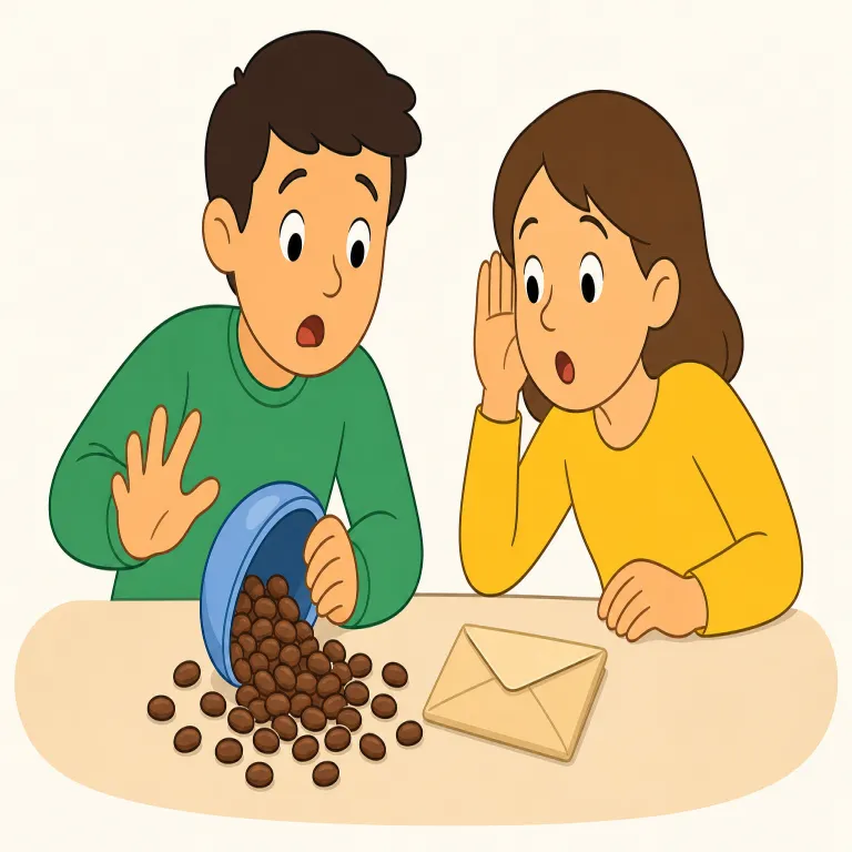 spill the beans（秘密を漏らす・イディオム）の覚え方イラスト — spill は「こぼす」で、spill water のように中身が外へ出る感覚