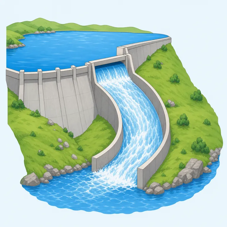 spillway（放水路・名詞）の覚え方イラスト — spillway はまず spill「こぼれる・あふれる」と way「通り道」に分けると覚えやすいです