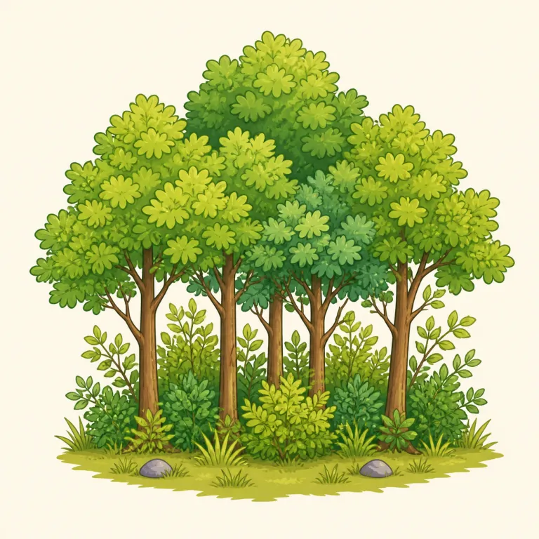 spinney（小さな茂み・雑木林・名詞）の覚え方イラスト — spinney は wood や forest ほど大きくなく、copse に近い「農地や道ばたの脇にぽつっとある小さな雑木林」を思い浮かべると残りやすい語です