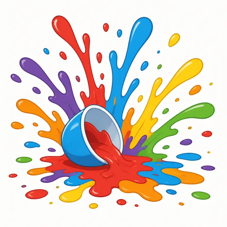 splatter（飛び散る・動詞）の覚え方イラスト — splatter は、液体や小さな物質が勢いよく当たって四方へ不規則に飛び散る動きを表します