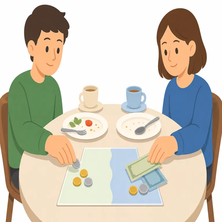 split the bill（割り勘・イディオム）の覚え方イラスト — split は「裂く」よりもまず「いくつかに分ける」を思い出すと覚えやすい語です