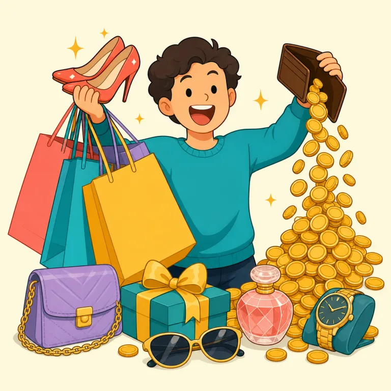 splurge（散財する・動詞）の覚え方イラスト — まず普通の spend と比べると、splurge は「必要だから払う」でなく「普段は我慢している物に、気分よくどんと使う」です