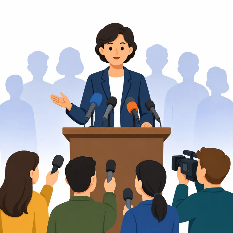 spokesman（広報担当者・名詞）の覚え方イラスト — spokesman は speak「話す」と結びつけて、組織の立場を外に向けて話す人と覚えます
