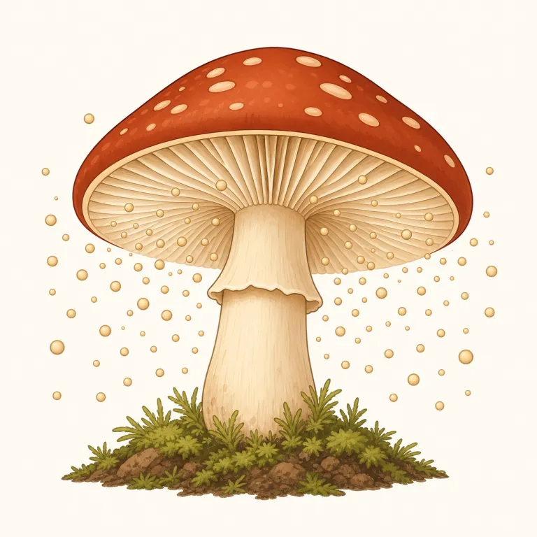 spore（胞子・名詞）の覚え方イラスト — キノコやカビの説明でよく一緒に出る語として覚えると定着しやすいです