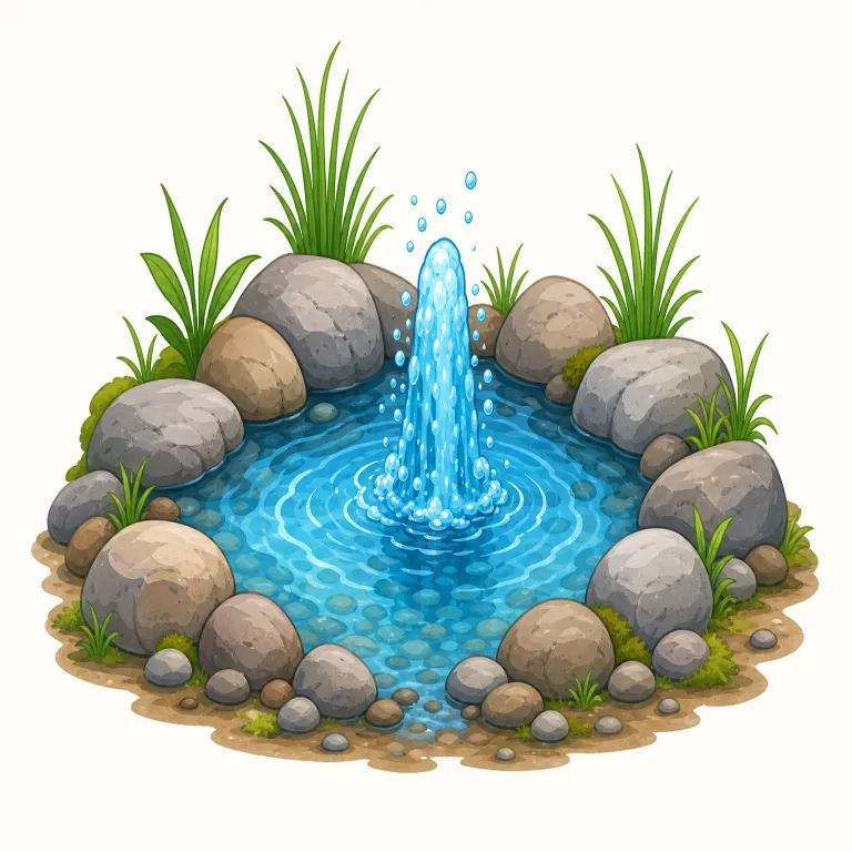 spring（泉・名詞）の覚え方イラスト — この語義では、季節の「春」よりも水が地中から押し出される場面を思い浮かべる