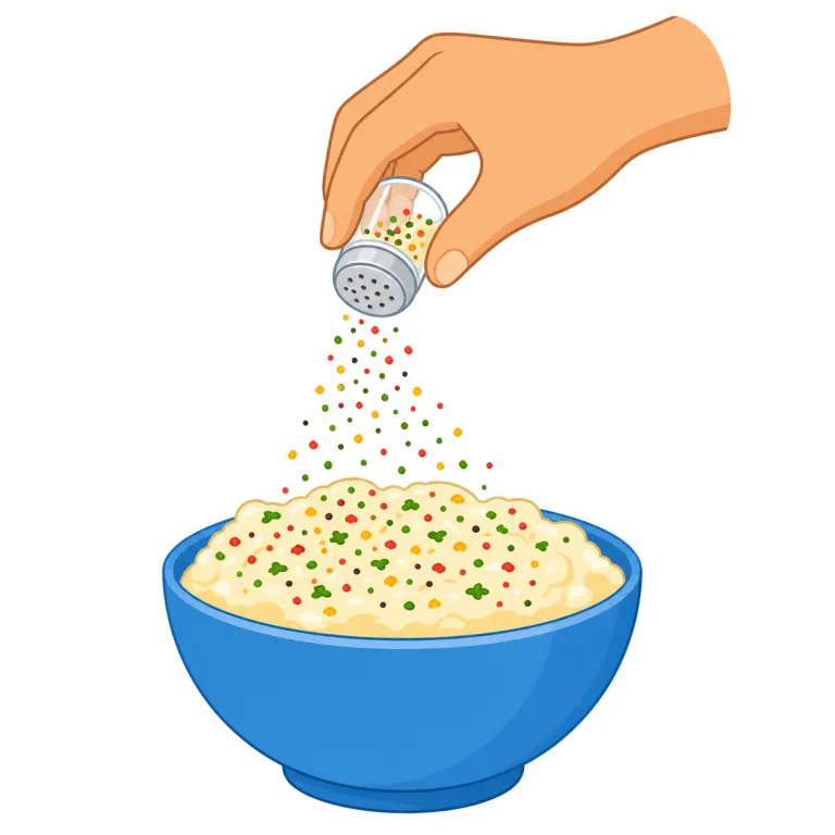 sprinkle（振りかける・動詞）の覚え方イラスト — sprinkle は、液体や粉を一度にどさっと出すのではなく、少量を上からぱらぱら、ぽつぽつ加える動作です
