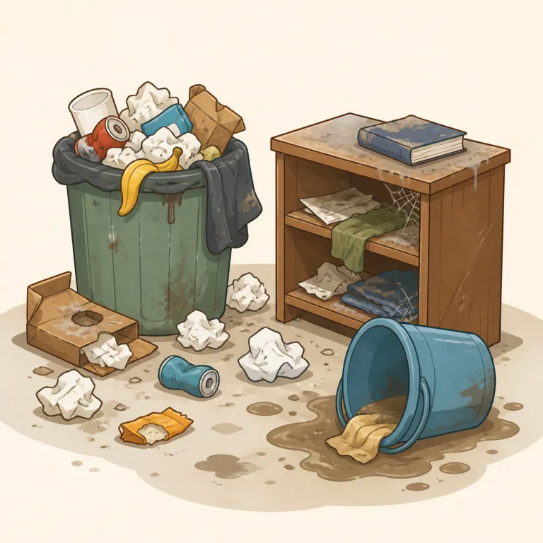 squalor（不潔さ・名詞）の覚え方イラスト — まず関連語 squalid（不潔な、みすぼらしい）とセットで覚えると定着しやすい