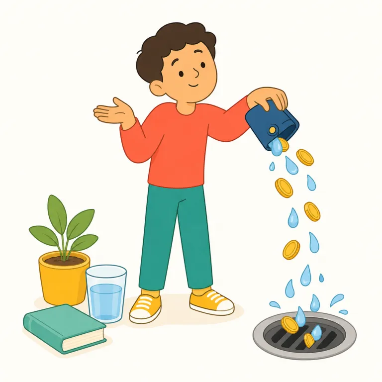 squander（無駄にする・動詞）の覚え方イラスト — waste より少し硬く、価値あるものを不用意に失う感じが強い語です