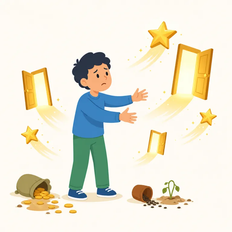 squander opportunities（好機を逃す・動詞）の覚え方イラスト — squander はまず「お金を浪費する」で覚えると広がりやすい語です