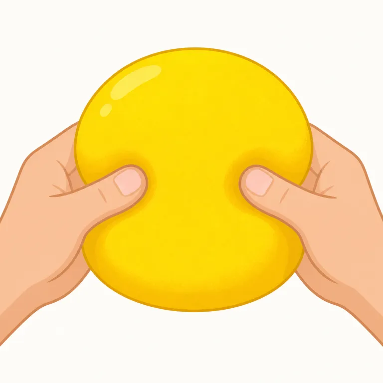 squeezy（押すと変形する・形容詞）の覚え方イラスト — squeezy は squeeze「ぎゅっと押す、絞る」に形容詞語尾 -y が付いた語です