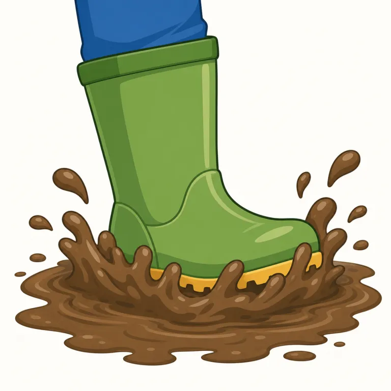 squelch（ぐちゃぐちゃ鳴る・動詞）の覚え方イラスト — squelch は、squish や squash と同じく squ- で始まり、柔らかいものが押される感触を連想しやすい語です
