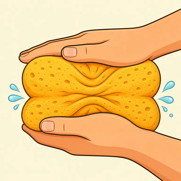 squishing（潰す・動詞）の覚え方イラスト — squish は squeeze（ぎゅっと絞る）や crush（硬いものを粉砕する）の中間で、「やわらかい物を押してぐしゃっと形を崩す」感じで覚えると残りやすいです