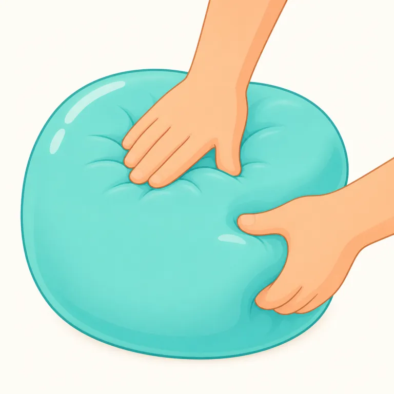 squishy（ふにゃふにゃ・形容詞）の覚え方イラスト — soft だけだと単に「柔らかい」ですが、squishy は「押すとむにっとへこみ、手を離すと少し戻る」ような感触まで入る語です