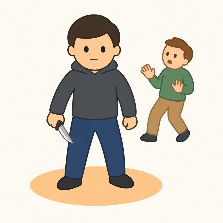 stabber（刺傷犯・名詞）の覚え方イラスト — stab は「刺す」、-er は killer や robber と同じく「その行為をする人」を表します