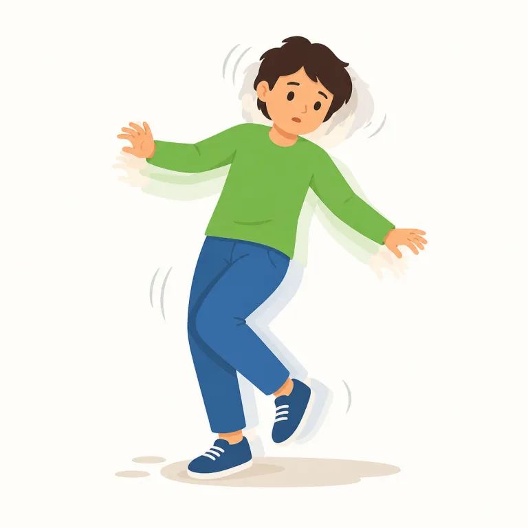 stagger（よろめく・動詞）の覚え方イラスト — 強く押されて、足がふらつく場面を思い浮かべましょう