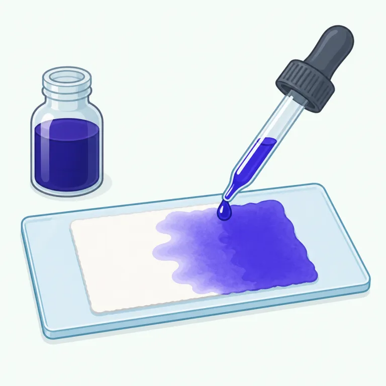 staining（染み付け・名詞）の覚え方イラスト — staining は動詞 stain「しみを付ける、汚す」に -ing が付いた名詞です