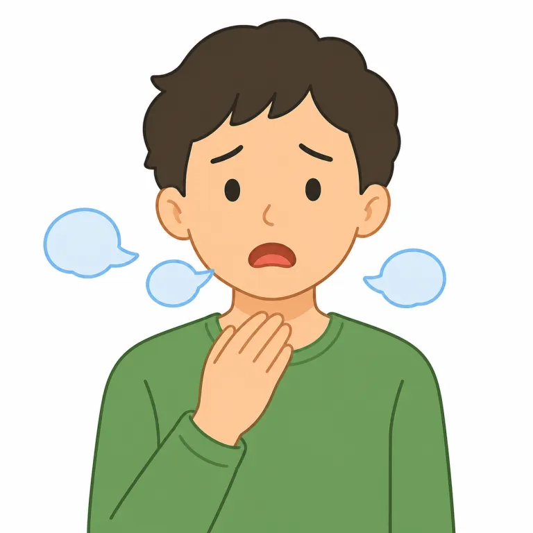 stammer（どもる・動詞）の覚え方イラスト — stammer は、口が先に進めず「st-st-...」と同じ音で足踏みするイメージで覚えると動詞らしさが出ます