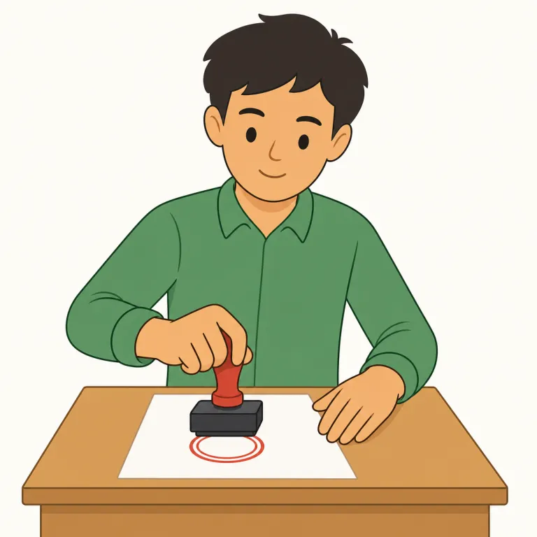 stamper（スタンプ機・名詞）の覚え方イラスト — この意味の stamper は人ではなく、押して印・日付・模様を付ける道具や機械を指します