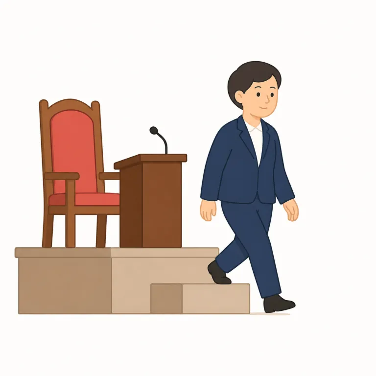 stand down（辞任する・句動詞）の覚え方イラスト — `stand` は「その場で立って持ちこたえる」、`down` が付くと力や立場を一段下げる感覚になります
