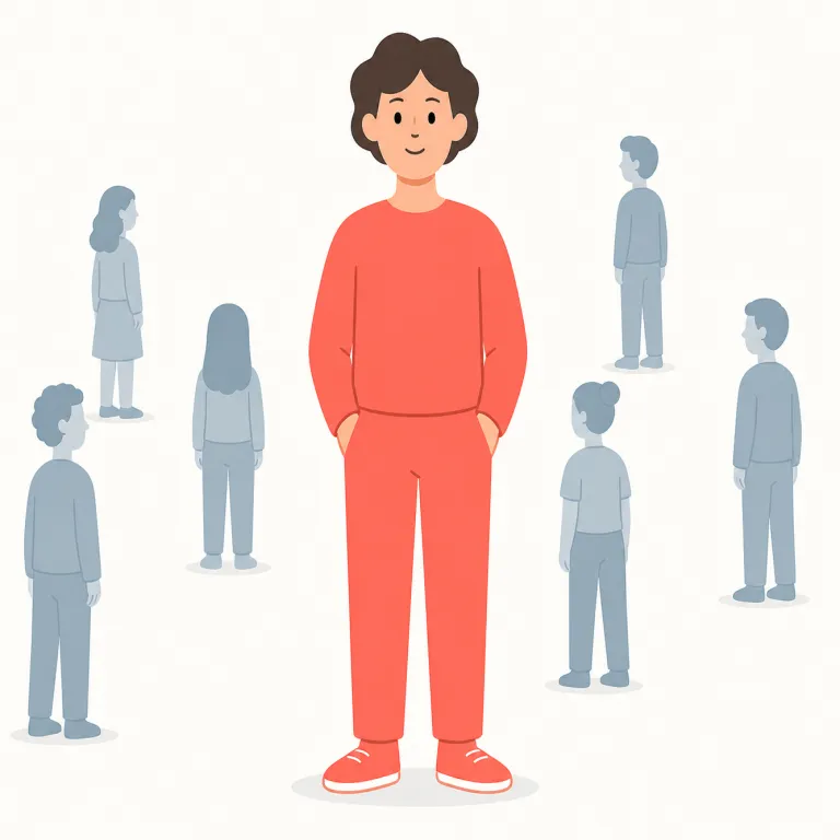 stand out（目立つ・句動詞）の覚え方イラスト — stand out は、stand「立つ」＋ out「外に」の絵をそのまま使い、周囲から外へ出て見えるほど人の注意を引くと覚えます