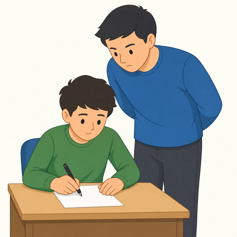 stand over（そばに立つ・句動詞）の覚え方イラスト — stand は「立つ」、over は「上に・覆うように」という空間のイメージ