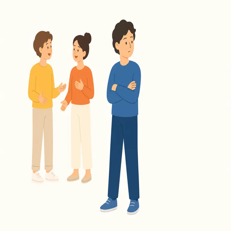 standoffish（よそよそしい・形容詞）の覚え方イラスト — stand off（距離を取る）を知っていると入りやすい語