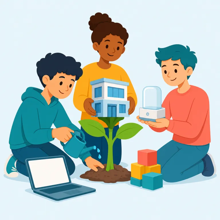 startup（新興企業・名詞）の覚え方イラスト — start「始める」＋up「立ち上げる」で、新しく動き始めた会社を思い浮かべると定着しやすい語です