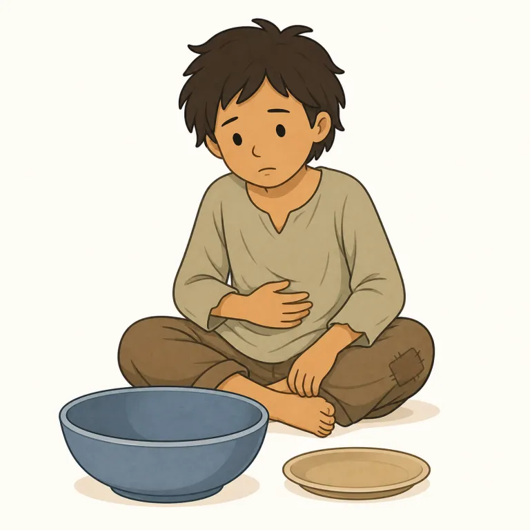 starvation（飢餓・名詞）の覚え方イラスト — この意味の starvation は、餓死という結果よりも、食料が足りず生命や健康が脅かされる深刻な状態を表す名詞として覚えます
