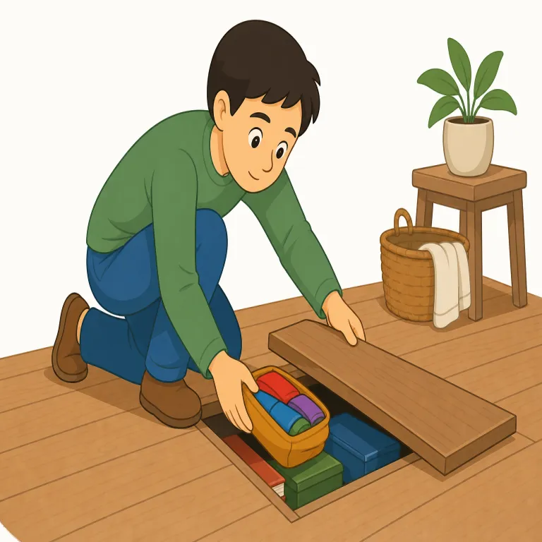 stash（隠す・動詞）の覚え方イラスト — stash は「人目につかない場所へしまい込む・隠す」という動詞です