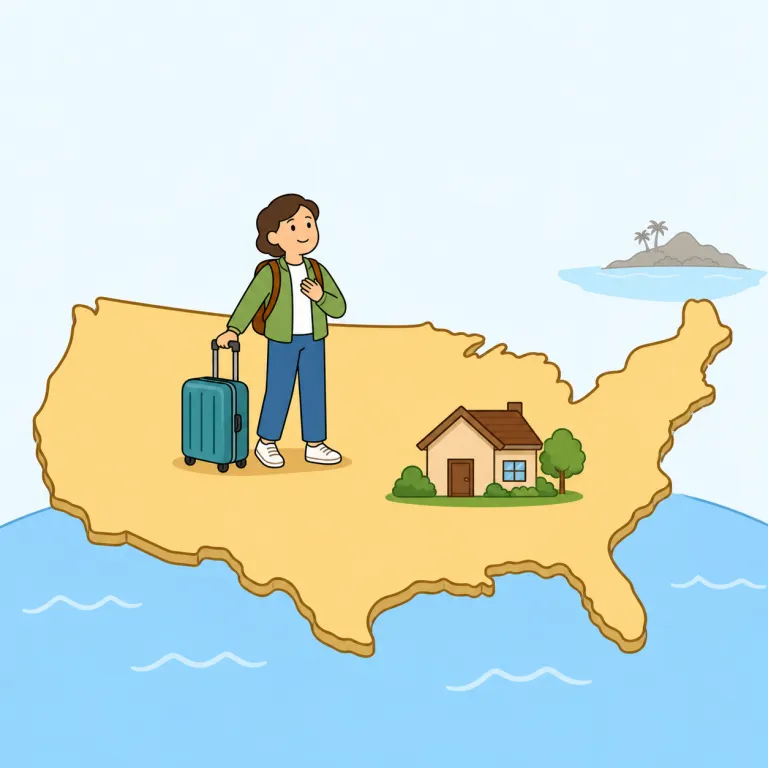stateside（アメリカ本国で; アメリカ本国へ・副詞）の覚え方イラスト — `state`（州・国家）＋`side`（側）で、「海の向こうではなく“合衆国の側”」ととらえると覚えやすい語です