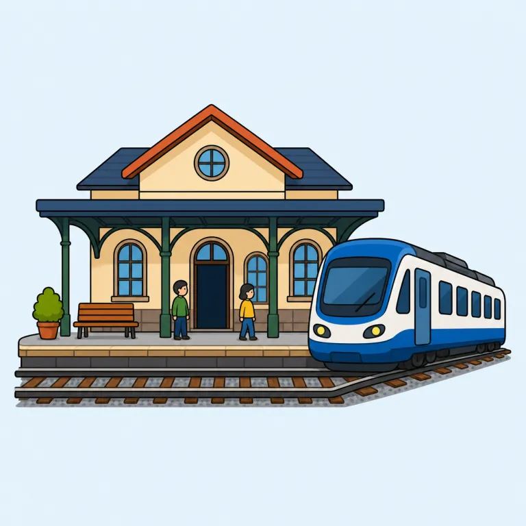 station（駅・名詞）の覚え方イラスト — station を「駅」として覚えるときは、train station や bus station のように、乗り物が止まり、人が乗り降りする決まった場所を結びつけるのが近道です