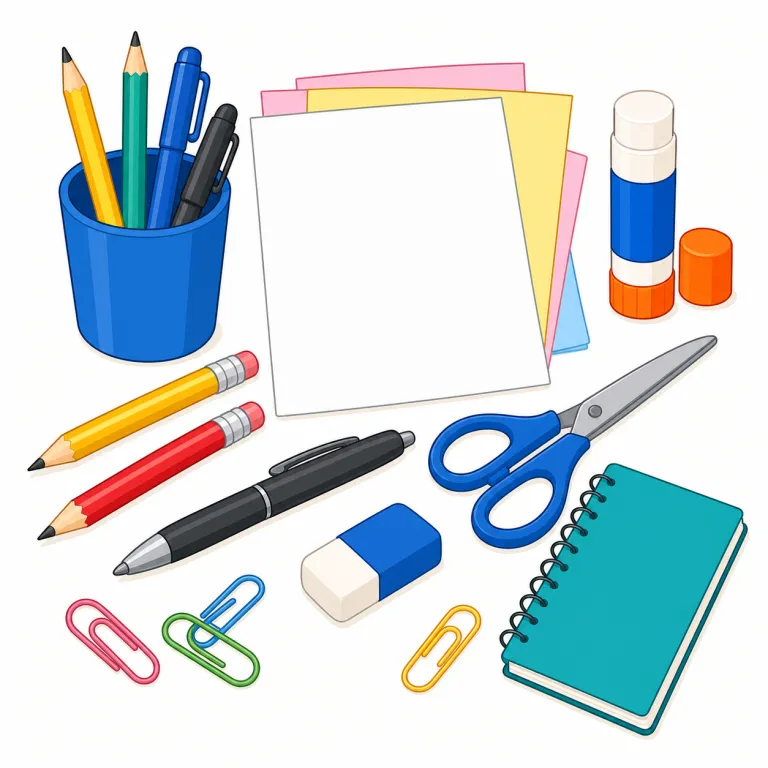 stationery（文房具・名詞）の覚え方イラスト — stationery は「書く・紙で扱うための文房具」として、pen, pencil, notebook, envelope, paper clip など机の上で使う道具をまとめ…