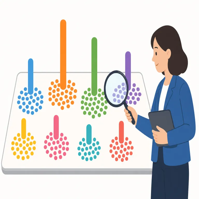 statistically（統計的に・副詞）の覚え方イラスト — このエントリの「統計的に」は、単に「統計上、数字で見ると」と言うより、統計学の方法で分析・判断する響きが強い
