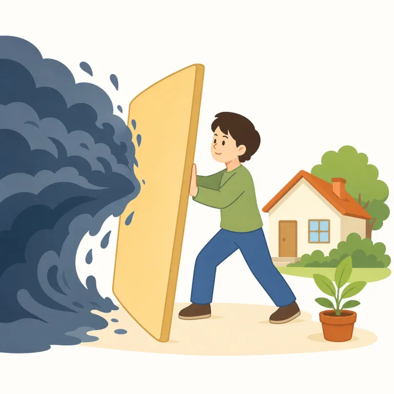 stave off（食い止める・句動詞）の覚え方イラスト — まず off に注目すると、「悪いものを自分から離しておく」感覚がつかめます