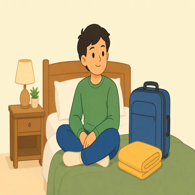 stay（滞在する、とどまる・動詞）の覚え方イラスト — stay は「出発せず、その場にいる」と「泊まる」を一語で表せる動詞です