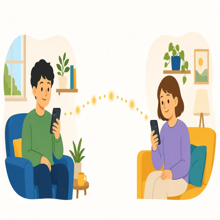 stay in touch with（連絡を保つ・イディオム）の覚え方イラスト — stay は『その状態でいる』、touch はここでは物理的な『接触』ではなく『接点・連絡』の感覚