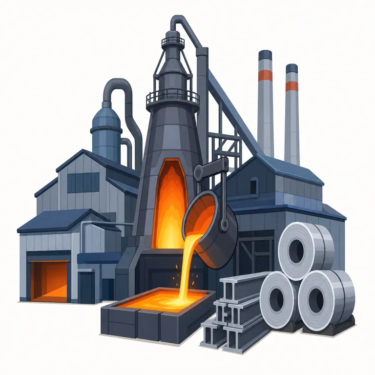 steelworks（製鉄所・名詞）の覚え方イラスト — steel は「鋼」ですが、製鉄所として覚える時は ironworks に近い重工業の施設名として捉えると定着します