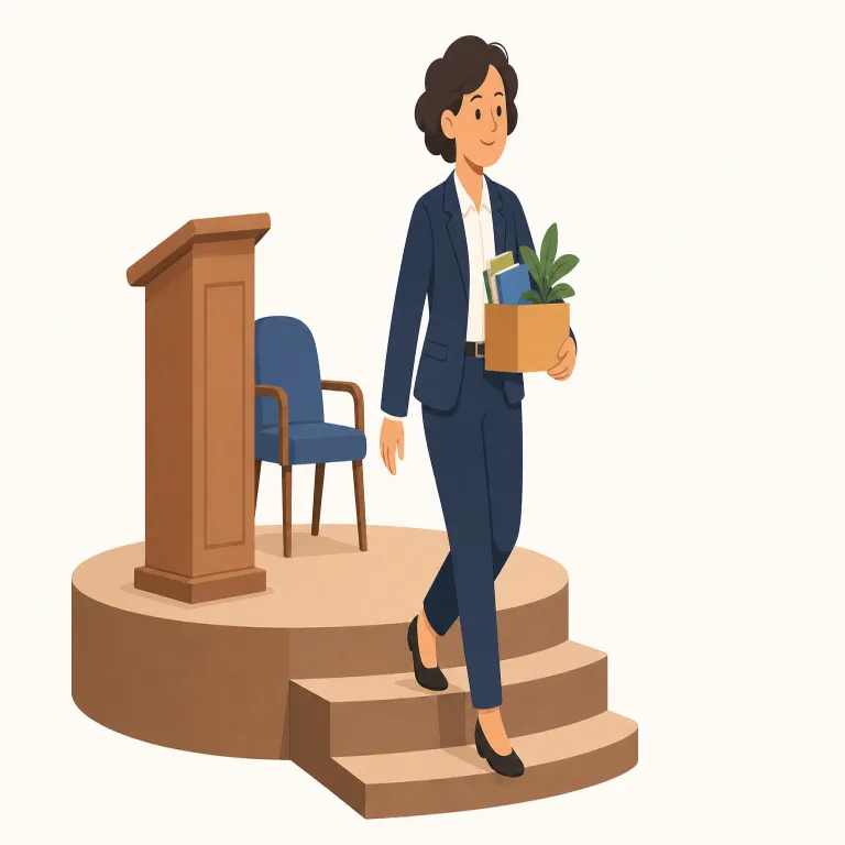 step down（辞任する・句動詞）の覚え方イラスト — step down は「一段下へ降りる」が基本ですが、このエントリでは比喩的に「高い役職・責任ある地位から一歩下がって退く」と覚えます