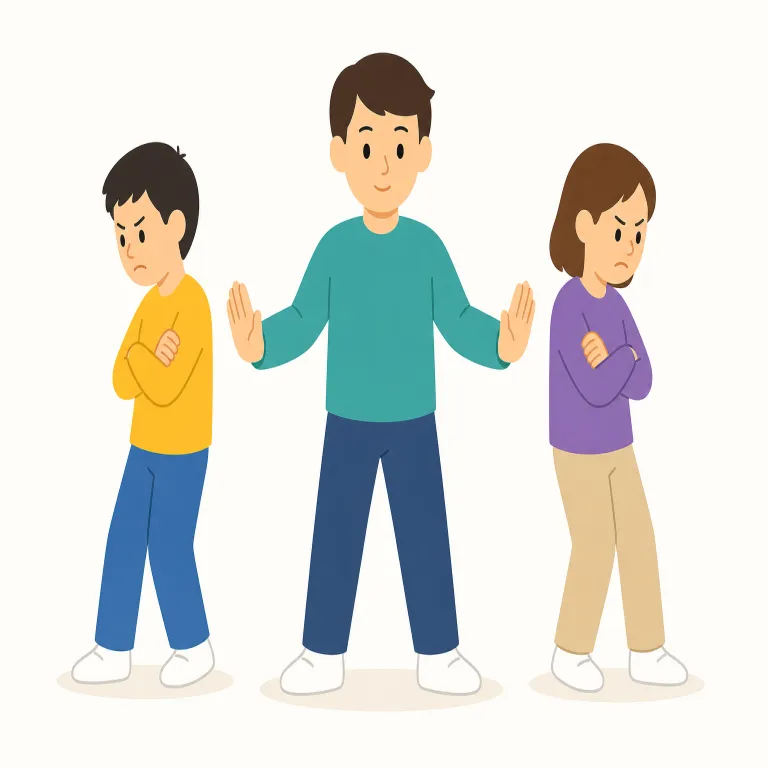 step in（介入する・句動詞）の覚え方イラスト — step は「一歩踏み出す」、in は「中へ」