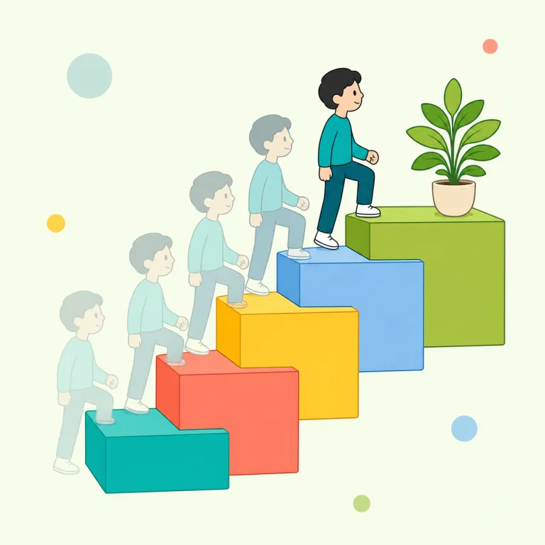 stepwise（段階的な・形容詞）の覚え方イラスト — 階段の「段」が最初から設計図に描かれているイメージで覚えます