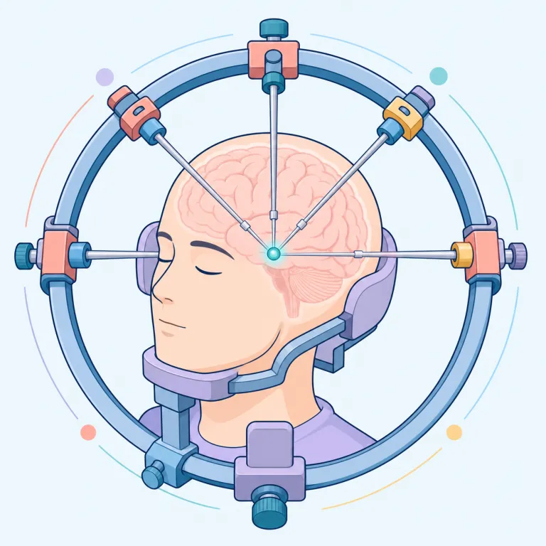stereotactic（定位脳手術の・形容詞）の覚え方イラスト — stereo は「立体」、taxis は「配置・位置決め」に関係します