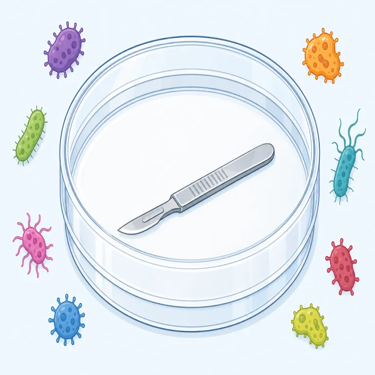 sterile（無菌・形容詞）の覚え方イラスト — sterile は、医療や実験で必要な「微生物がいない状態」を表す専門寄りの形容詞です