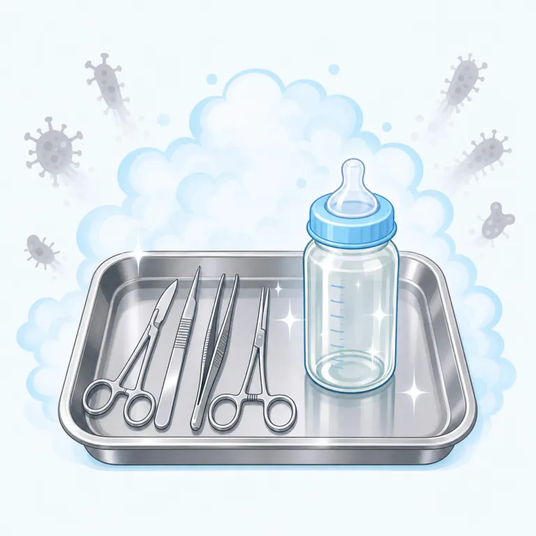 sterilizing（滅菌する・動詞）の覚え方イラスト — sterilizing は sterile「無菌の、不妊の」から来た動詞 sterilize の -ing 形です