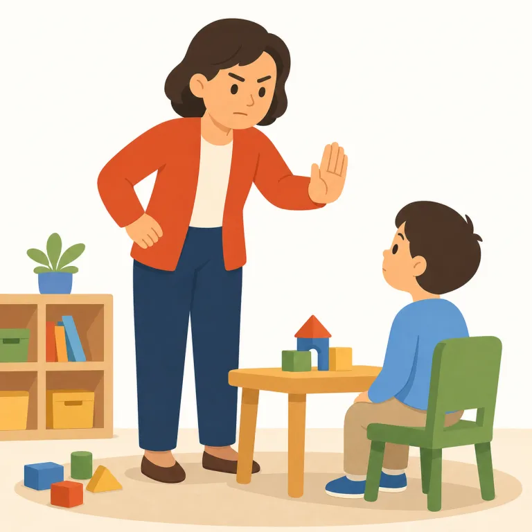 sternly（厳しく・副詞）の覚え方イラスト — このエントリでは sternly を「規則や判断をゆるめず、厳しく・断固として」という意味で覚えます