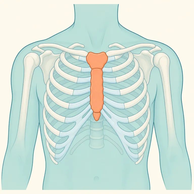 sternum（胸骨・名詞）の覚え方イラスト — sternum は individual な一語で覚えるより、「chest の前面中央で ribs が左右からつながる骨」という配置で覚えると残りやすい語です