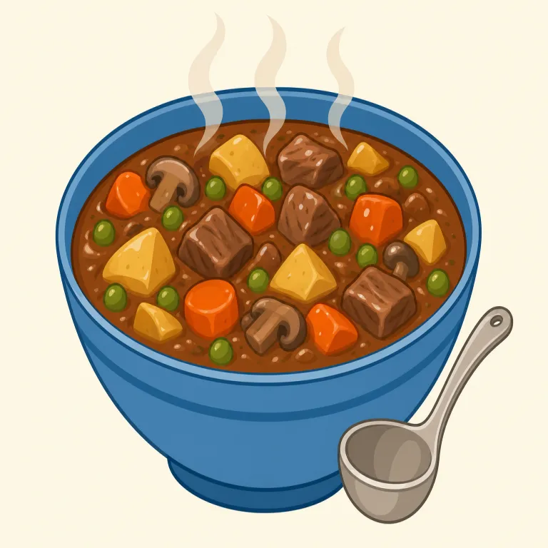 stew（シチュー・名詞）の覚え方イラスト — 名詞の stew は、スプーンだけで飲む軽い soup ではなく、肉や根菜がごろっと入った食事用の煮込みと考えると区別しやすいです