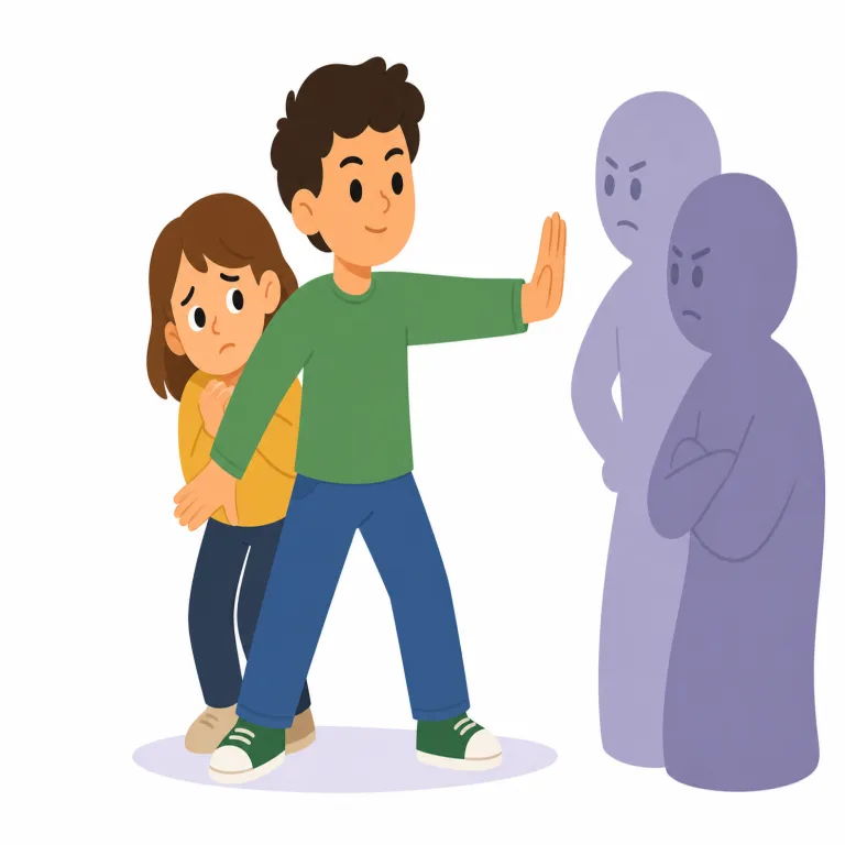 stick up for（擁護する・句動詞）の覚え方イラスト — 誰かの side に "stick" して離れず、批判の場でもその人のために立つイメージで覚えるとよい