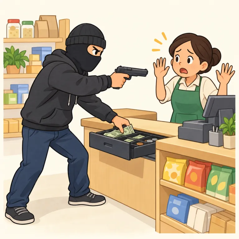 stick up（（人や場所を脅して）強盗する・phrasal_verb）の覚え方イラスト