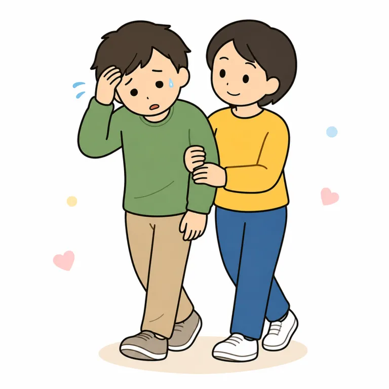 stick with（付き添う・phrasal_verb）の覚え方イラスト