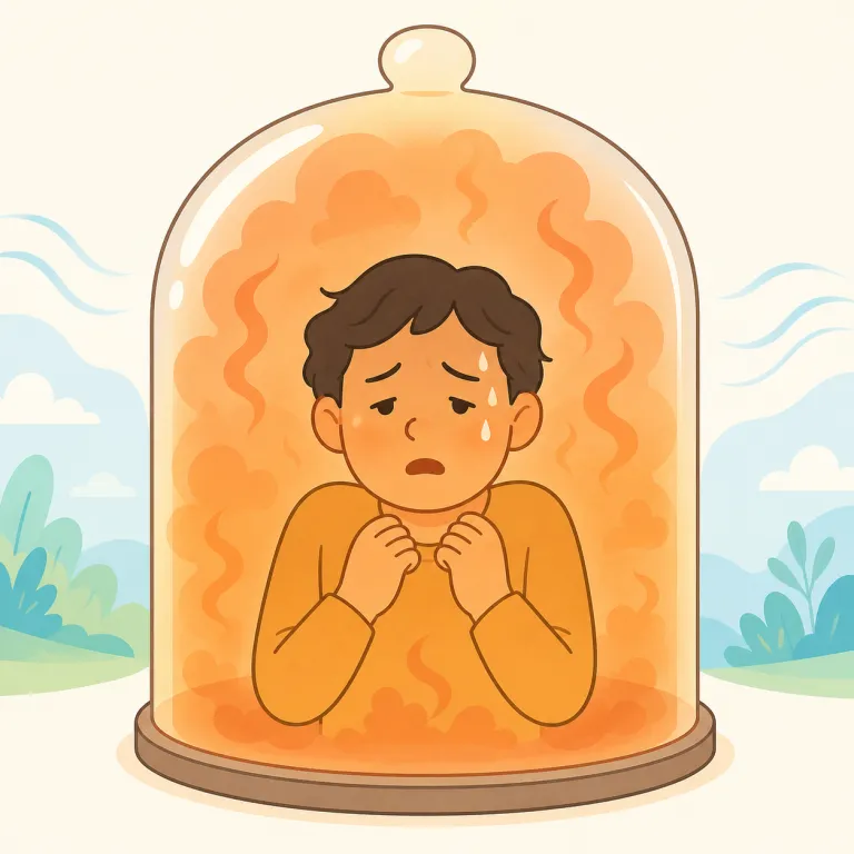 stifling（息苦しい・形容詞）の覚え方イラスト — stifling は、空気が悪くて息が詰まる場面と、ルールや雰囲気が重くて自由に振る舞えない場面をセットで覚えると定着しやすい語です